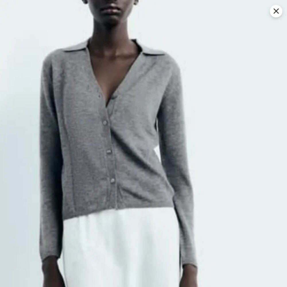Zara Gray Collared Button-Front Cardigan